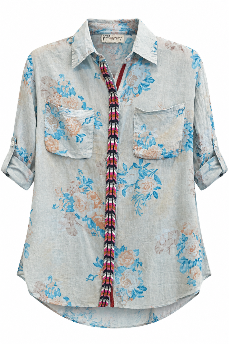 Trestles Clothing Company floral boho cotton blouse with embroidered button cover detail and roll-tab sleeves